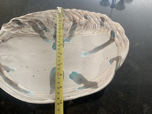 Pottery Glazed Beige Blue Bowl Oval Signed Detailed Vtg Gonzales - Picture 7 of 7