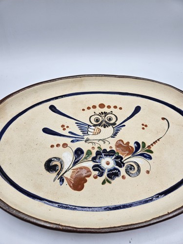 VTG. Tonala Pottery Oval Serving Platter Owl with Florals Mexico Signed - Picture 3 of 8