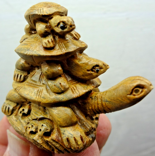 Netsuke Buchsbaum Figur Figur geschnitzt signiert "3 Schildkröten stapeln" kostenloser Versand! - Bild 1 von 8