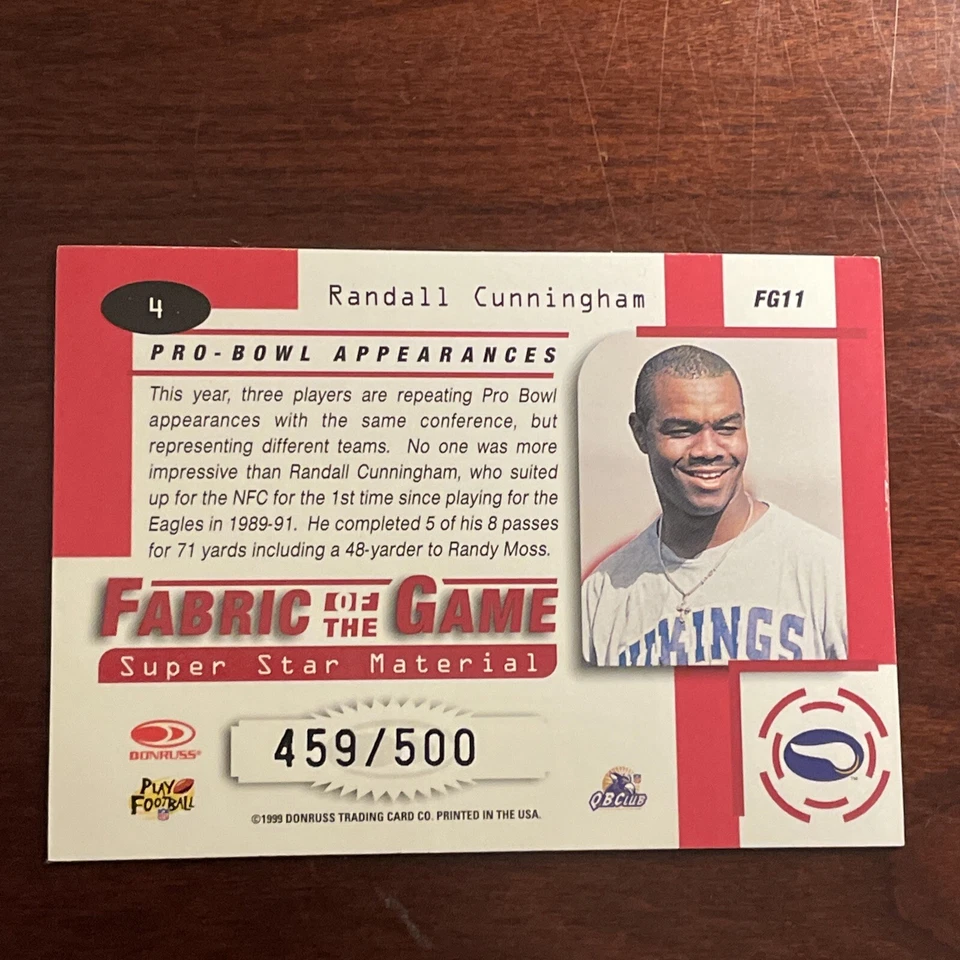 Randall Cunningham 1999 Leaf Certified Fabric of the Game Card #FG11 459/500 SP - Image 4 of 4