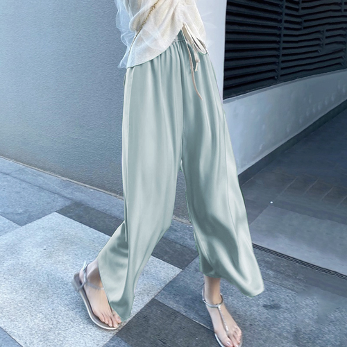 Lady Casual Satin Ice Silk Pants Wide Leg Straight Trousers Drawstring Summer - Picture 4 of 14