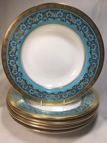 (6) Aynsley 'Kenilworth' Turquoise & Gold Encrusted 9.375 Inch RIMMED SOUP BOWLS - Picture 4 of 12