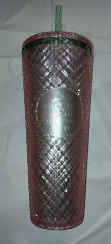 NEW! STARBUCKS PINK With GREEN STRAW Criss Cross Shape Tumbler Cup 24 Oz Cold - Picture 4 of 10