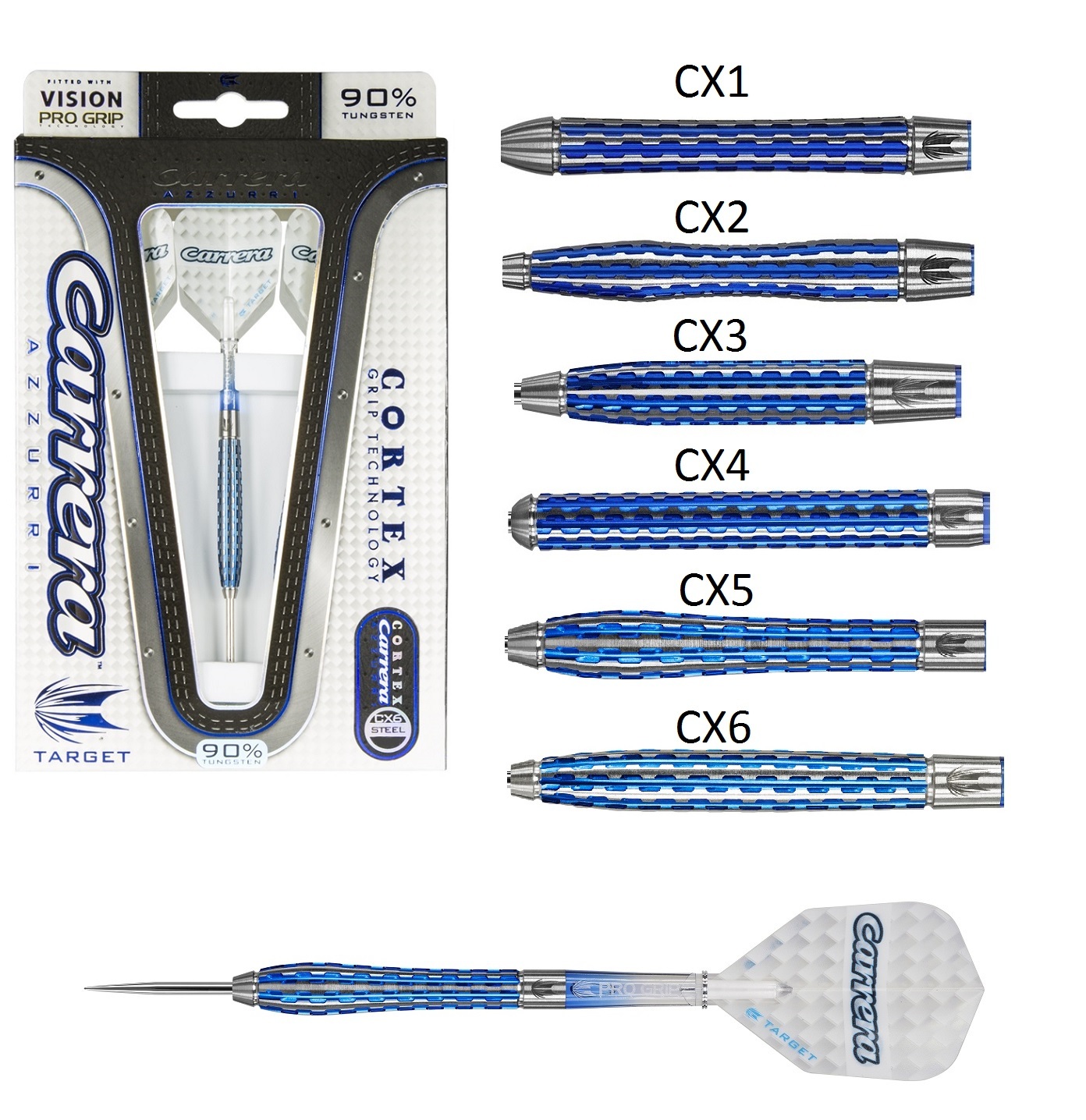 Carrera Azzurri Cortex 90% Tungsten Steel Tip Darts by Target Darts Carrera Azzurri Cortex 90% Tungsten Steel Tip Darts by Target Darts