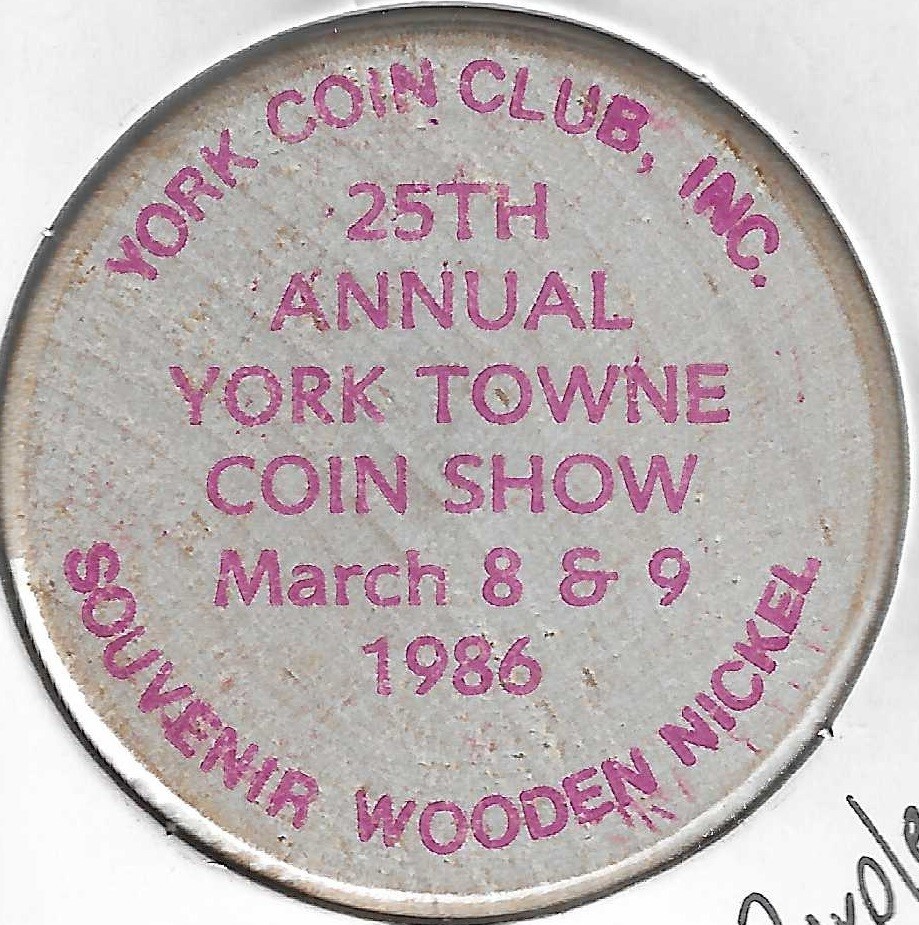 1986, York Pennsylvania Coin Club 25th Annual Show, Token, PURPLE Wooden Nickel