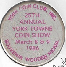 1986, York Pennsylvania Coin Club 25th Annual Show, Token, PURPLE Wooden Nickel