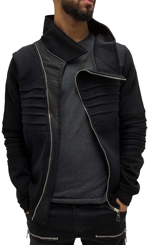 Time Is Money Homme Urban Designer Veste Coton Col Roulé Motard Fermeture Éclair - Imagen 5 de 11