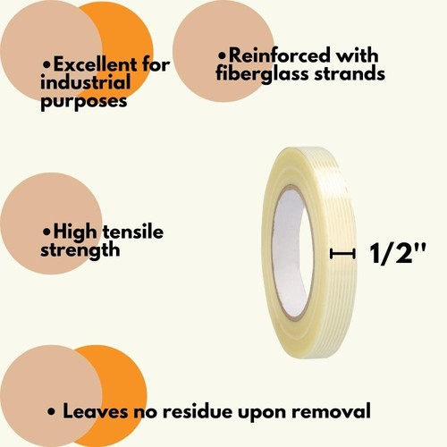 1/2" x 60 Yds, 4 Mil Shield Reinforced Fiberglass Strapping Filament Tape 36 Rls - Picture 4 of 6