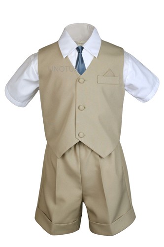 4pcs Khaki Boys Toddler Formal Vest Shorts Suits Color Satin Long Tie Set S-4T - Bild 6 von 25