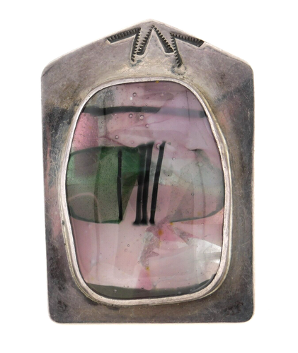 Signed Handcrafted Artisan 925 Sterling Silver Pink Green Glass Brooch Pendant - Picture 12 of 12