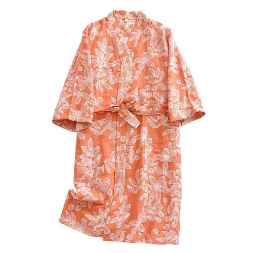 Women Floral Kimono Robe 3/4 Sleeve Drop Shoulder V Neck Belted Cotton Bathrobe - Picture 4 of 12