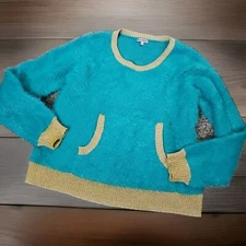Juicy Couture Sweater Womens Size L Blue Turquoise Gold Fuzzy Crop Pockets.  C25
