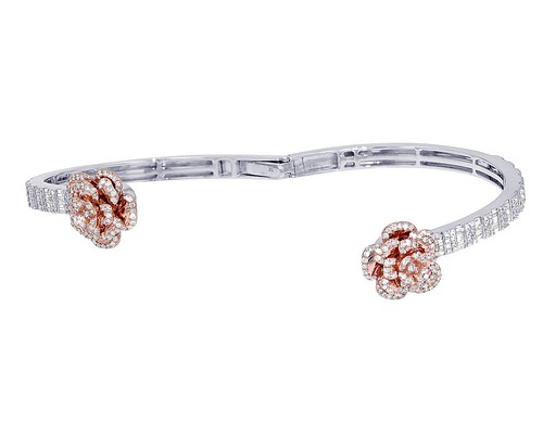 Baguettes n Roses 2 3/4 CT Real Diamond Bangle Bracelet White-Rose Gold 5MM S2.4 - Picture 4 of 5