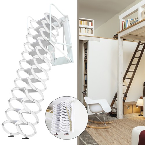 Folding Loft Ladder Stairs Attic Loft Pull Down Ladder Wall Mounted Al-Mg alloy - Photo 1/22