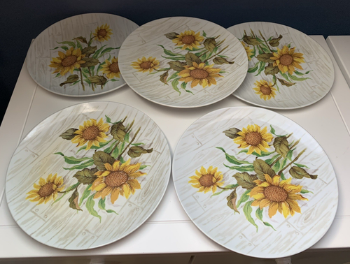 Lot of 9 Vintage TEXAS WARE Melamine 10" PLATES Sunflowers, Blue & Green Floral - Picture 3 of 9