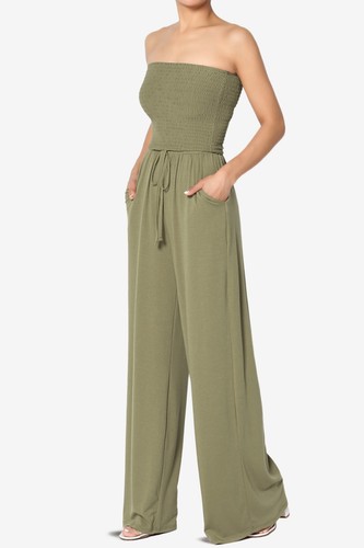 TheMogan Strapless Wide Leg Jumpsuit Casual Smocked Bodice Flowy Pants One-Piece - Picture 37 of 49