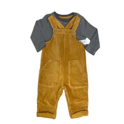 Ex Nutmeg Baby Boys Mustard Cord Dungarees & Stripe Top Outfit N/B - 3 Years