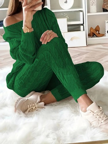 Solid Knitted Matching Two-piece Set Casual Long Sleeve Sweater & Pants Outfits - Picture 8 of 38