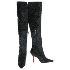 F/w 99 Tom Ford For Gucci Black Onyx Embellished Velvet Over Knee Boots 37.5 7.5