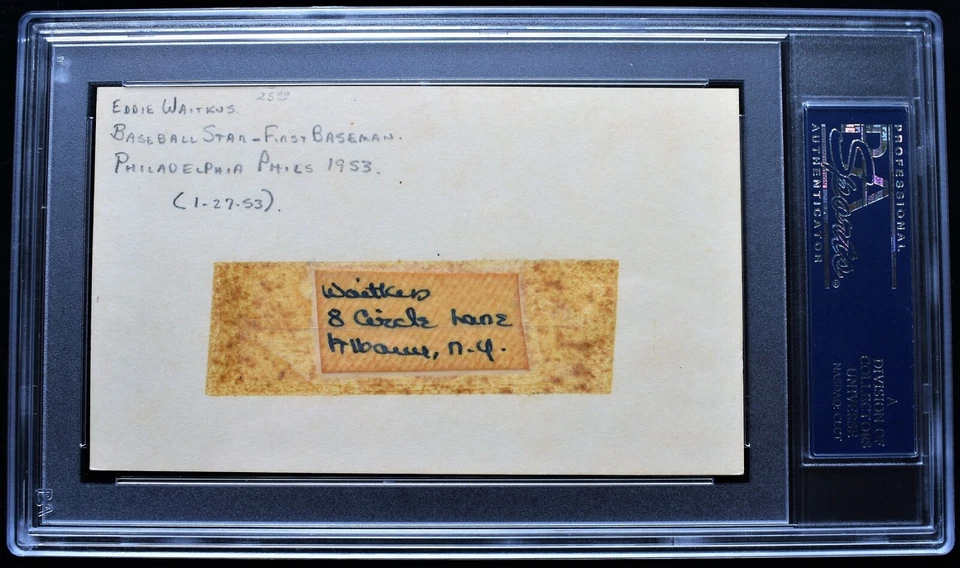Eddie Waitkus Signed Autographed 3x5 inch index card Cut Phillies + PSA/DNA COA - Image 2 of 2