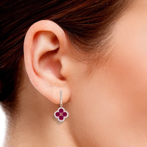 Floral Latch Back Dangle 3 CT Ruby And Diamond 14k Gold July Birthstone Earrings - Picture 18 of 22