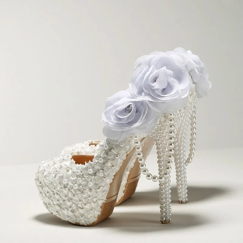 White Lace Flower Pearl String Tassel Bridal Wedding Shoes for Women with Ultra - Image 3 of 4