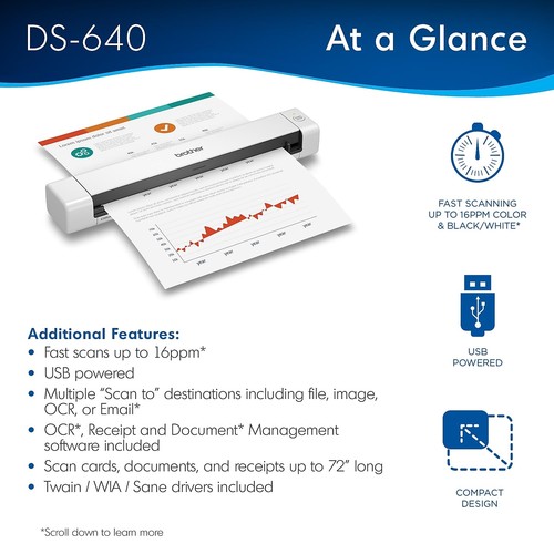DS-640 Compact Mobile Document Scanner, (Model: DS640) 1.5"x2"x11.9" - Picture 2 of 9