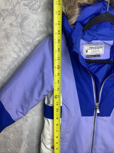 Spyder Girls Lola Ski Snowboard Jacket Size 8 Blue Hooded Insulated Fur Trim - Picture 4 of 10