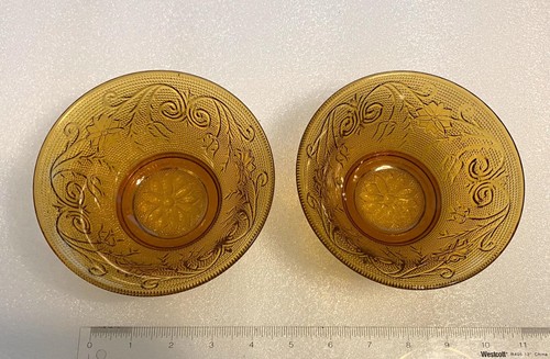 Vintage 60er Jahre dunkel Bernstein Glas Perlen gepunktete Blätter gewellter Rand 7" Schüssel EXC! - Bild 2 von 7