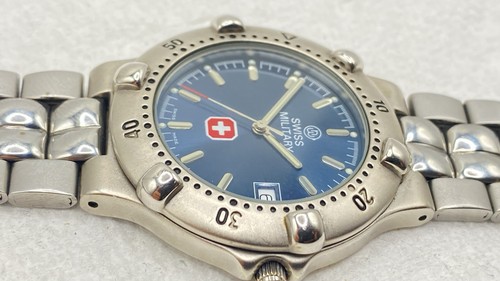 Vintage SWISS MILITARY Silver Tone MENS DATE WATCH FREE SHIPPING Works Great - Picture 11 of 24