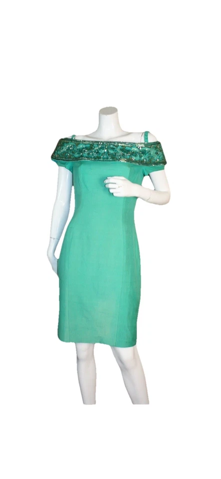 Vestido Lápiz AJ Bari Vintage Años 80 Fuera del Hombro Lentejuelas Espuma de Mar 100% Seda Talla 6 Foto 2 de 4