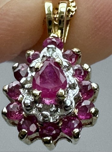 Vintage 10K Gelbgold Rubin Tropfen Anhänger & Box Kette Halskette - Bild 2 von 12