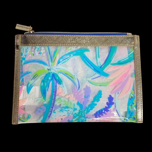 LILLY PULITZER Sweet Escape Beach Cosmetic Clear Zip POUCH Gold Trim NEW - Picture 2 of 6