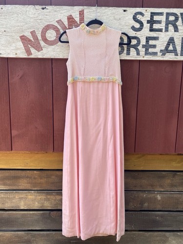 VTG Pink Maxi Dress Prom Wedding Romantic Union Label Mesh Train Bow - Picture 3 of 23