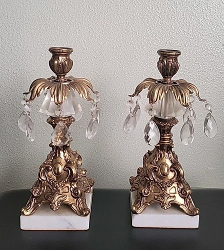 Vintage. Kerzenständer Hollywood Regency Kristall/Glas Goldguss Metall/Marmor