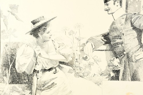 C04F58- Franz Hlavaty (1859-1917) Feder Tusche Zeichnung Dame und Herr sign. - Bild 2 von 12