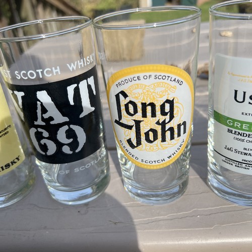 bar glasses set vintage 5 Scotch Hudson’s Bay VAT 69 Long John’s Ballantines + - Picture 4 of 7