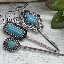 SET 3 Silver Southwest Western Hair pins Clips Turquoise Fancy Cowgirl Native