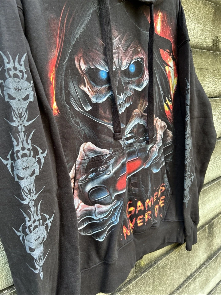 VTG Spiral Earl Gamers Never Die They Respawn Y2K Grunge Skulls Skeleton Hoodie - Image 4 of 4