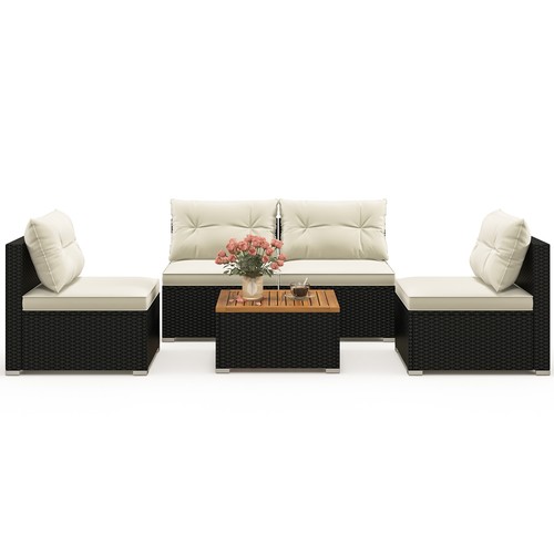 5PCS Rattan Patio Conversation Sofa Set Outdoor Furniture Set w/ Off White - Picture 2 of 10