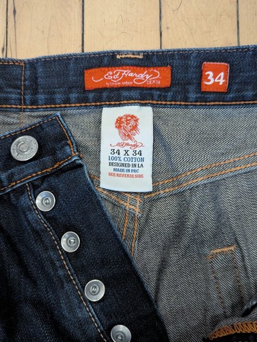 Vtg Y2K Ed Hardy Baggy Skull Embroidered Blue Denim Jeans Sz 34X34 Rare - Picture 6 of 11