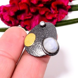 Authentic Rainbow Moonstone Black & Gold Plated 925 Sterling Silver Ring s.6.5 Sku22