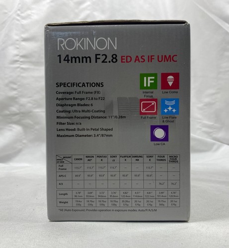 Rokinon 14mm F2.8 Full Frame Ultra Wide Angle ED AS IF UMC Camera Lens Canon AE - Picture 11 of 14