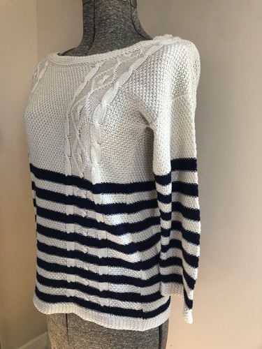 one A - Nautical Navy & Cream Boat Nect 3/4 Sleeve Cable Sweater - Small - Picture 3 of 6