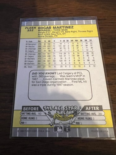 1989 Fleer #552 Edgar Martinez Seattle Mariners Hall of Fame HOF Rookie RC - Picture 2 of 2