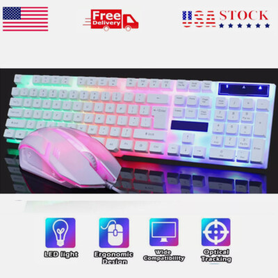 Computer Desktop Gaming Keyboard and Mouse Mechanical Feel LED Light Backlit PC