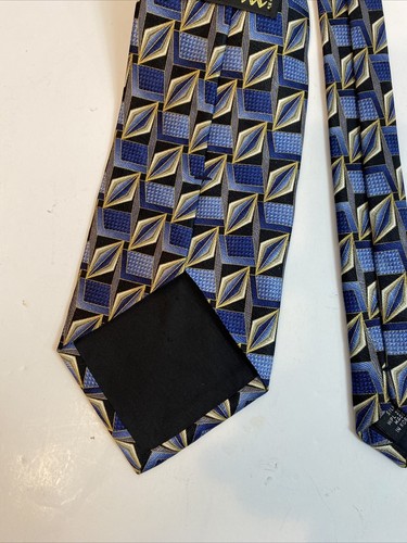 Domani Neck Tie Blue & Black geometric pattern Silk - Picture 4 of 5