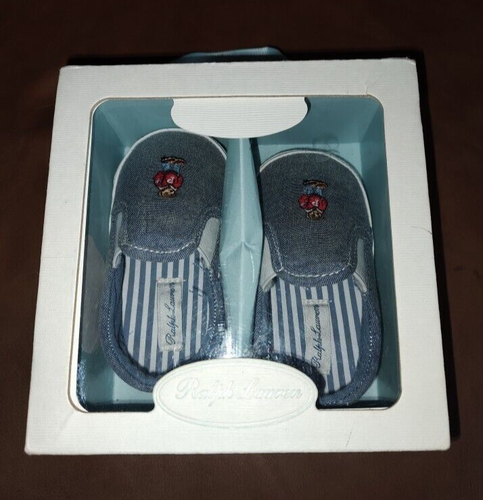New in box Vtg Infant Baby Ralph Lauren Blue Denim Shoes US Size 4 Length 13 cm - Picture 13 of 13