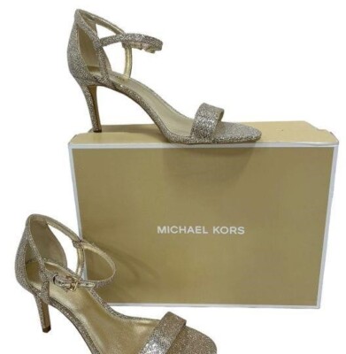 Michael Kors Simone Mid Gold Glitter Strappy Slingback Sandal New w/Box  Size
