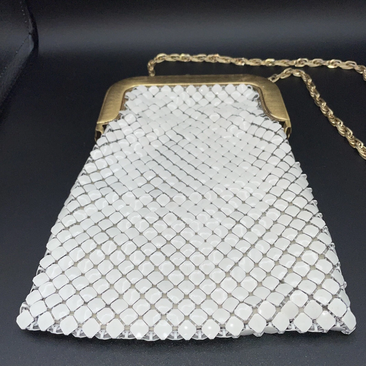 Vintage Whiting And Davis White Mesh Purse Handbag Metal Gold Chain Strap USA